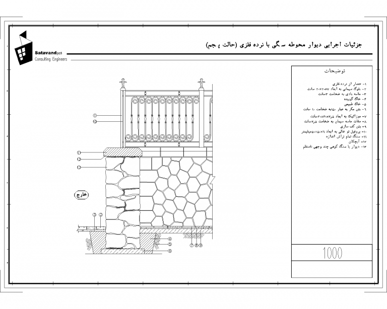جزییات اجرایی دیوار محوطه سنگی با نرده فلزی (حالت پنجم) Model