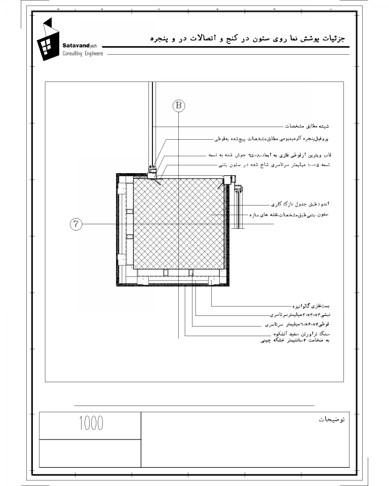 جزییات پوشش نما روی ستون در کنج و اتصالات در و پنجره Model