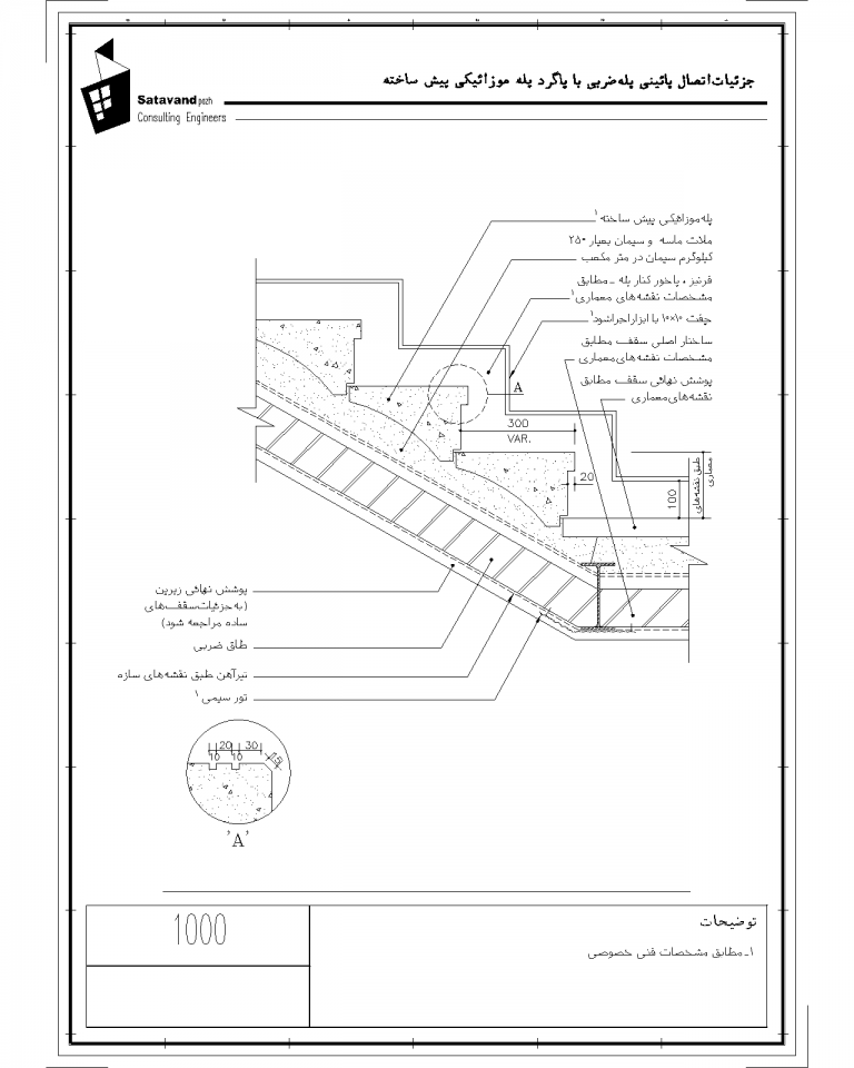 جزییات اتصال پایینی پله ضربی با پاگرد پله موزاییکی پیش ساخته Model